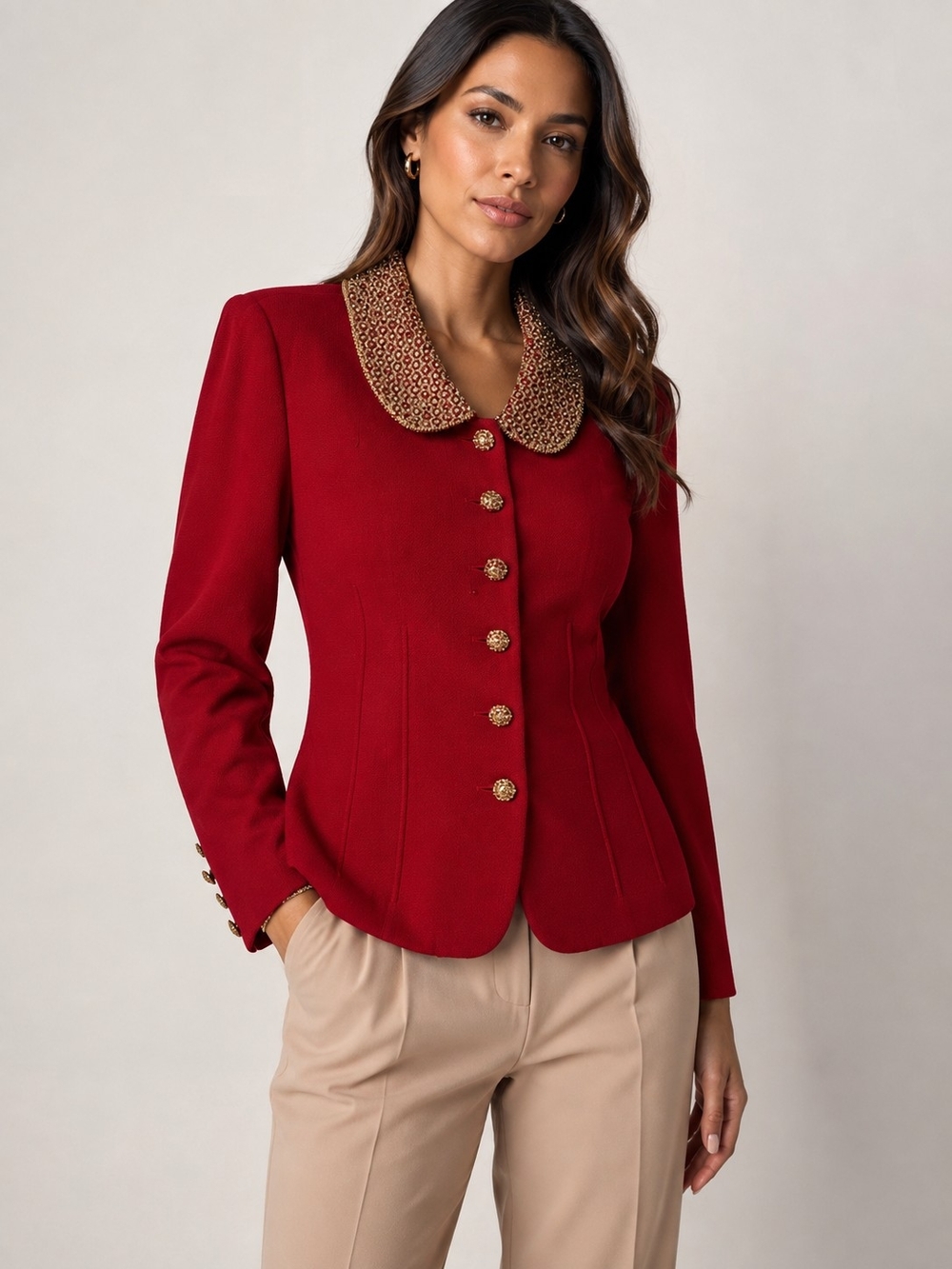 St. John Evening by Marie Gray Red Embellished Blazer Jacket Luxury Size 6